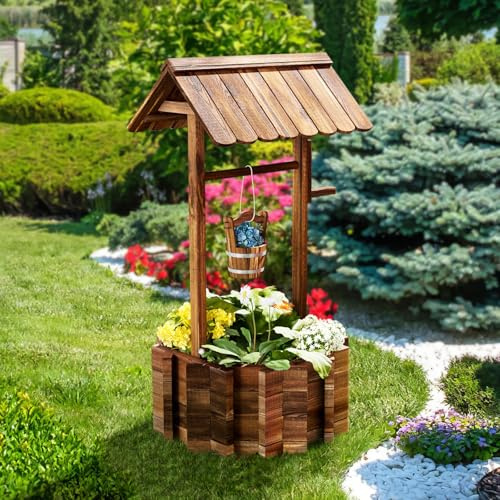 Aoxun Wooden Wishing Well Planter Smart Garden Large 118cm Wishing Well Bucket Planter Pot for Flowers and Plants Outdoor Heavy Duty Garden Ornamental Flower Pot