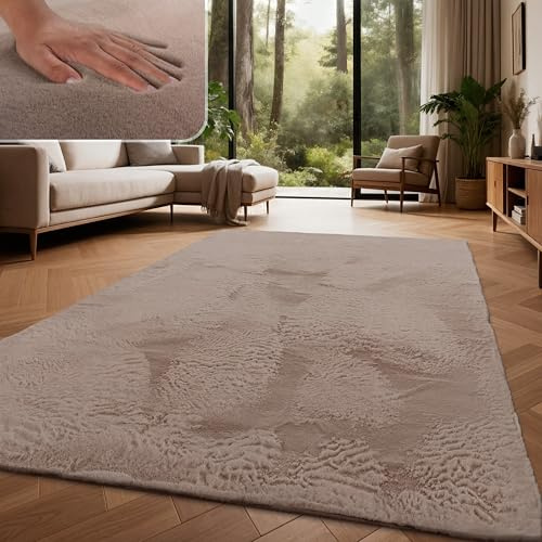 Paco Home Teppich Wohnzimmer Hochflor Softes Kaninchenfell Imitat Kunstfell Shaggy Taupe, Grösse:120x160 cm