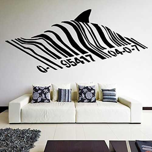 (70 cm x 31 cm) Banksy Wandtattoo, PVC, Motiv: Schwimmender Hai Fisch unter Bar Code Graffiti Street Art, Motiv: verschiedene Sticker, Vinyl, inkl. Geschenk