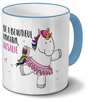 printplanet Tasse mit Namen Rosalie - Motiv Witziges Einhorn - Namenstasse, Kaffeebecher, Mug, Becher, Kaffeetasse - Farbe Hellblau