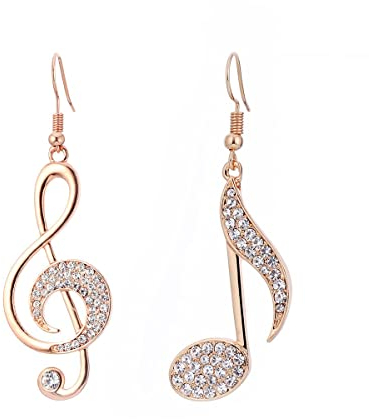 Boucle d'oreille de note de musique pour femme, boucle d'oreille en or rose hypoallergénique et plaqué argent avec cristal