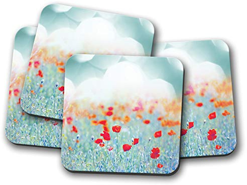 4 Set - Beautiful Poppy Field Coaster - Flowers Garden Pretty Mum Fun #8865