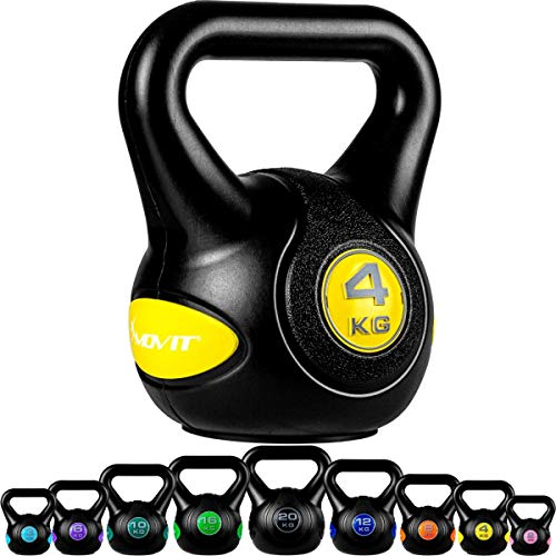 MOVIT Kettlebell STYLISH BLACK, Kugelhantel mit Bodenschonender Kunststoffhülle, 2 bis 20 kg, Schadstoffgeprüft, 4 kg Gelb