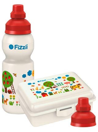 Fizzii Set Trinkflasche 330ml + Lunchbox inkl. Obst-/ Gemüsefach (schadstofffrei, spülmaschinenfest, Motiv: Bauernhof byGraziela)