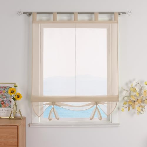 ESLIR Raffrollo mit Schlaufen Gardinen Küche Raffgardinen Transparent Schlaufenrollo Vorhänge Modern Voile Sand BxH 140x155cm 1 Stück