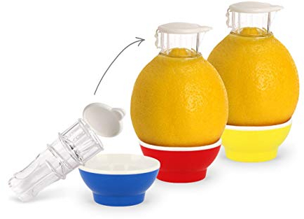 Patent-Safti 3 x Entsafter I Der Originale Safti Ausgießer für Zitronen, Orangen etc. I Einfacher als Jede Zitronenpresse oder Saftpresse I (Blau Rot Gelb)