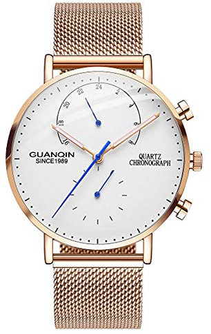 Montres Hommes,Business Casual Mesh Belt Hommes Montre Étanche Quartz Watch, Rose Gold White Gold Mesh Belt