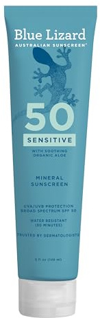 Blue Lizard Sensitive Mineral SPF 50 Sunscreen Lotion, 100% Mineral Sunscreen, UVA/UVB Protection, Infused with organic Aloe Vera, Soothes and Hydrates, 5 fl oz