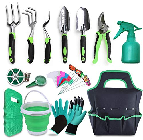 Gartenwerkzeug-Set mit Tasche, 15-teilig, mit faltbarem Eimer, Kniekissen, Klauenhandschuhen Gartenwerkzeug-Set inklusive Aluminiumkelle, Rechen, Kultivator, Jäter, Gartenschere, Transplaner