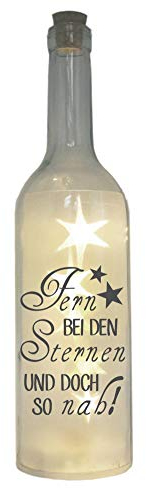 WB wohn trends LED-Flasche mit Motiv, Fern bei den Sternen und doch so nah, grau, 29cm, Glitzer-Flasche Leuchtflasche Lampe mit Text Spruch