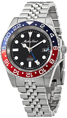 Mathey-Tissot GMT Automatikuhr, schwarzes Zifferblatt, Pepsi-Lünette, H903ATAR, Schwarz, Modern