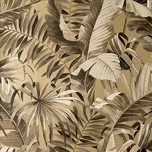 Rotolo completo di carta da parati con foglie di Maui, colore oro e beige, con palme della giungla tropic