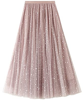 SotRong Glitzer Tüllrock Rosa Damen Midi Überlagerter Mehrlagiger Elastischer Hoch Taillierter A Linien Tutu Rock Mesh-Chiffon-Faltenrock mit Blumendekoration