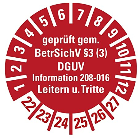 100 Stück - Prüfplakette Mehrjahresprüfplakette geprüft gemäß Leitern/Tritte, BetrSichV §3 | 22-27 Etikett Folie Aufkleber, rot | Ø15-40mm Made in Germany, Größe: Ø15 mm