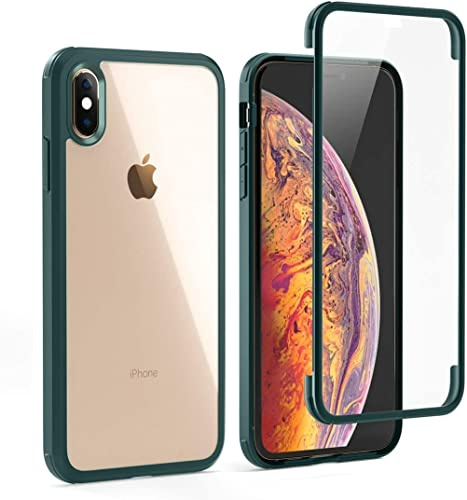 Leedia 360 Grad Hülle Kompatibel mit iPhone XS Hülle Ganzkörper Eingebauter Glas Displayschutzfolie Stoßfest Schutzhülle Transparent Clear Durchsichtig Handyhülle für iPhone X/Xs 5.8 Grün