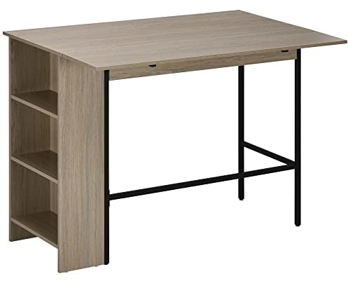 HOMCOM Table de Bar avec Rangement Table Bistrot Ilot Central Plateau latéral Rabattable et 3 étagères - 120 x 76 x 91,4 cm