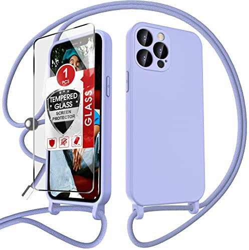 LeYi Crossbody Lanyard Case for iPhone 12 Pro Max 6.7'', Liquid Silicone Protective Phone Case with Strap Adjustable Neck Cord Necklace Soft Cover with Screen Protector, Purple