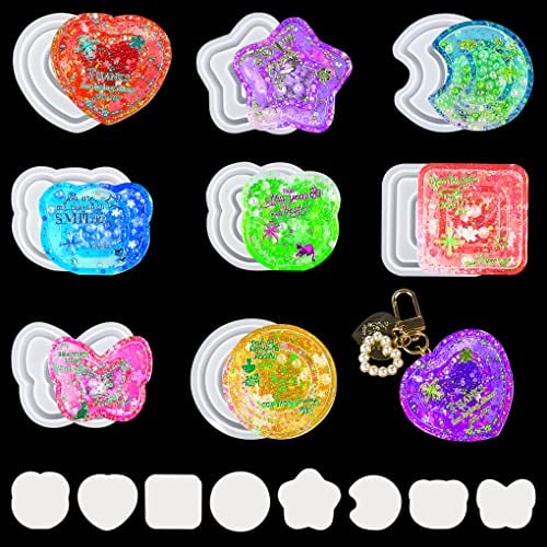 FineInno 8 Pezzi Stampi Resin Shaker con 80 Pezzi PVC Foglio Quicksand Silicone Molds Stampi Silicone Sabbie Mobili Stampi Colata Stella Cuore Farfalla Pendente per DIY Collana Ciondolo