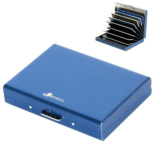 BONSYL® Porte Carte de Crédit en Métal avec Blocage RFID pour Hommes et Femmes, Fin Portefeuille Carte de Crédit en Acier Inoxydable pour 10 Cartes. (10 Cartes/Bleu)