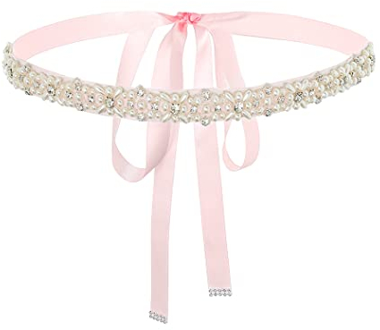 IYOU Frauen Hochzeit Gürtel Mit Kristallen - Rosa Band Schärpe, Perle Abschlussball Party Braut Kleid für Braut Brautjungfer