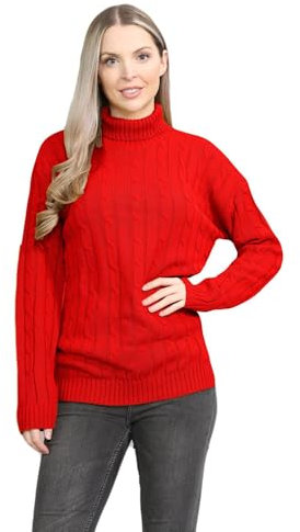 janisramone® Polo High Neck Jumpers for Women UK, Cable Knitted Long Sleeve Ladies Jumpers, Casual Pullover Winter Turtle Neck Tops for Women Size 8-116 Red