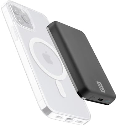 Cellularline | Wireless power bank MAG 5000 | Caricabatterie portatile compatibile con ecosistema Mag Safe - Capacità 5000mAh - Carica wireless 7.5W - 1xUSB-C 18W - Per iPhone 12 e successivi - Nero