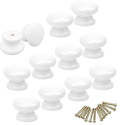 12 Piece Round Mushroom Knob Set - White Wooden Drawer & Door Knobs for Wardrobe, Furniture, Kitchen Cupboard & Dresser