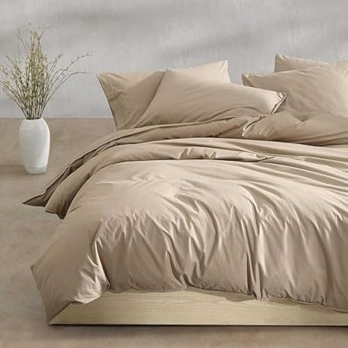 Calvin Klein - Queen Duvet Cover Set, 100% Crisp & Cool Cotton Percale Bedding, Corner Ties & Button Closure, 3 Piece Bed Set with Matching Pillowcases (Modern Cotton Washed Percale Camel Brown)