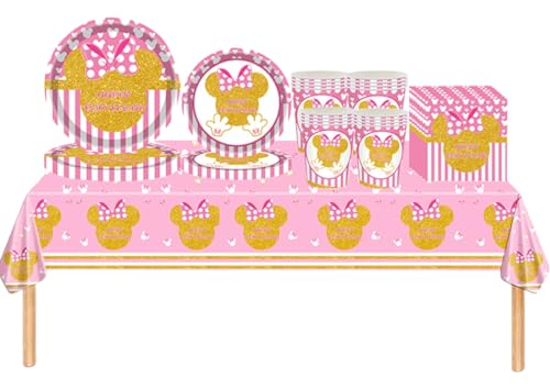 69P Pink and Gold Minnie Mouse Birthday Party Tableware Plastic Table Cloth,Paper Plates,Napkins and Cups Disposable Dinnerware Set for Girls Kids Baby Shower Minnie Theme Birthday Party Decorations