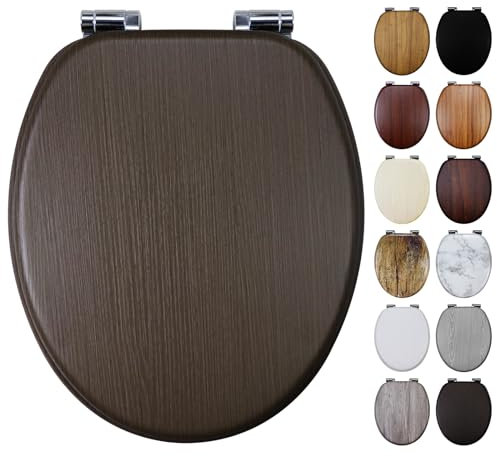 Fanmitrk Brown Wooden Toilet Seat with Soft Close Adjustable Solid Hinges, MDF Wood Oval Toilet Seat (Teak Effect)