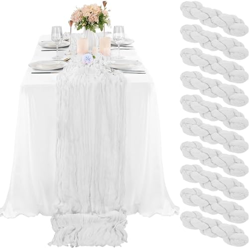 LYAFS 10 Stück weiße Käsetuch-Tischläufer 90 x 300 cm, Gaze-Tischläufer für Hochzeitsempfang, Geburtstagsparty, Brautparty, rustikaler romantischer Hochzeitsläufer