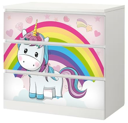 Sunnywall® Möbelfolie passend für IKEA Malm Kommode Schrankfolie Aufkleber mit Unicorn Baby Einhorn Motiv | blasenfrei verkleben | Kinderzimmer 3er 80 cm