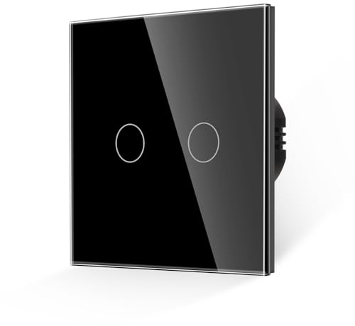 JIMEIDA Interruptor de luz táctil de 2 bandas, 1 vía, panel de vidrio templado negro interruptor de pared y placa de vidrio sin tornillos con retroiluminación LED, no requiere cable neutro, 500 W, CA