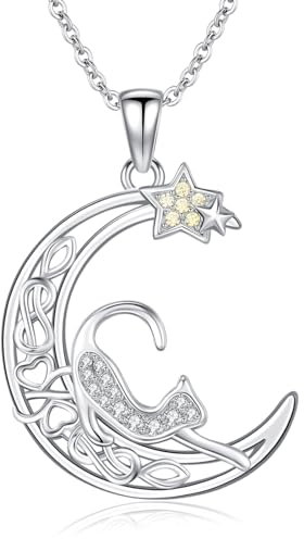 CHENGHONG Katzen Kette Damen 925 Sterling Silber Keltischer Mond Katze Anhänger Halskette Stern Katze Schmuck Geschenke für Frauen Mädchen