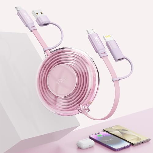 MTAKYA USB C Retractable Multi 2-in-2 USB A/Type C to Lightnning+USB C iPhone Charging Cable,100W+27W PD Fast Multiple Charger Cord for iPhone 15 14 13 12/Samsung S23/iPad Pro/MacBook-Pink