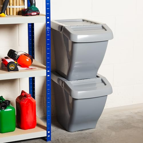Wham 50L Stackable Recycling Bins Pack of 3 – Hinged Lid Waste Sorting Bins, Space Saving Plastic Recycling Bin for Kitchen, Home, Office & Commercial Use, Grey