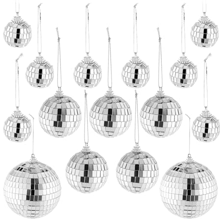 Relaxdays Mini Discokugel, 15 Spiegelkugeln in 3 versch. Größen Ø 3-10 cm, Partydeko zum Aufhängen, Diskokugel, Silber