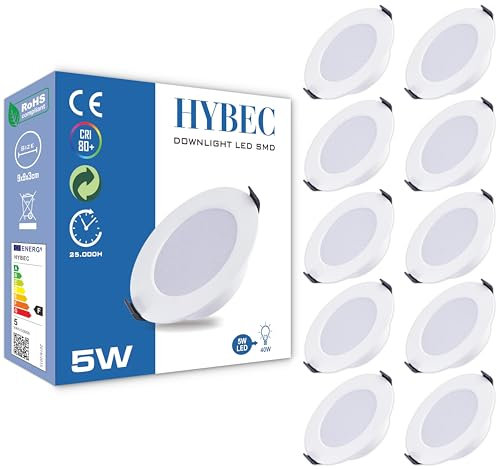 HYBEC - LED Einbaustrahler Flach, Einbaustrahler LED, LED Einbaustrahler, LED Spots, Spots Deckenleuchte LED, LED Einbauleuchten, Downlight, LED Downlight, LED Panel Light, 5W (Pack 10)