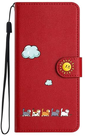Nbziyoo Lovely Cats Phone Case for iPhone 11,Cute Cats/Sun Flip Wallet Case with Card Slots, Premium Magnetic PU Leather Cover for iPhone 11,Red