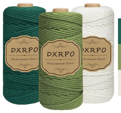DXRPO Macrame Corda 3 mm x 300 m x 3, Macramè Filo Cotone per Fai Da Te, Piante Sospese, Natale, Decorazione Boho (Naturale, Verde Oliva, Verde Scuro)