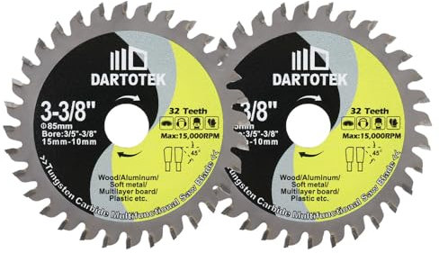 DARTOTEK Hoja de Sierra Circular de Metal Duro 32T Dientes de Punta Disco de Corte MultiMaterial con Arandela 15/10mm para Madera Aluminio Plástico 85mm 2 piezas