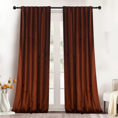 Roslynwood Luxuriöse, weiche Rost-Samt-Vorhänge, 244 cm lang, wärmeisoliert, Verdunkelungsvorhänge für Wohnzimmer/Schlafzimmer/Esszimmer, B 132 x L 96 cm, 2 Stück