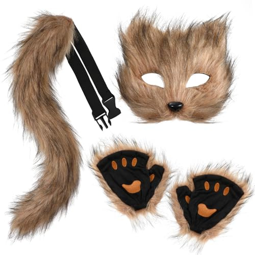 XEPST Fuchs Kostüm mit Furry Schwanz, Kunstpelz Maske, Handschuhe - Wolf Katze Flauschiger Schwanz für Halloween Cosplay Karneval Party Accessoire, Braun