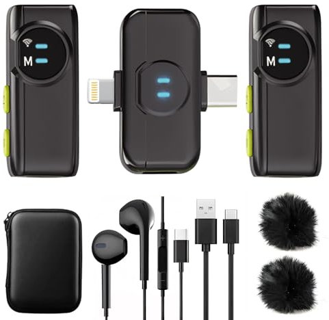 A5-Basic Micrófono de solapa inalámbrico para iPhone,Android, mini micrófono con clip, reducción de ruido,alcance 100m, batería 10h,para Youtube,video, vlog,podcast, ASMR y streaming- Negro(2TX + 1RX)