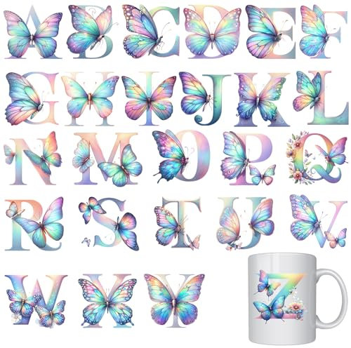 26pcs 3IN Butterfly Alphabets Waterproof UV DTF Cup Rub on Transfer Stickes for Crafting for Glass Cups Travel Mug Wood Crafts DIY Set (Color 2)