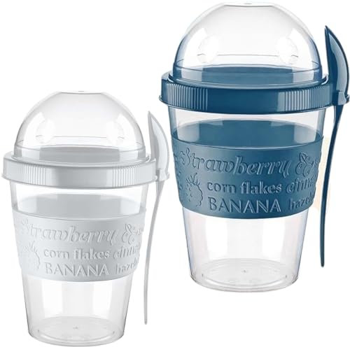 Pro Home 2-Set Yoghurt Pots 600ml With Lid & Spoon Airtight Dishwasher Safe BPA Free Muesli Cups Overnight Oats Jar Storage On The Go Yogurt Cup Cereal Container (Teal & Grey)