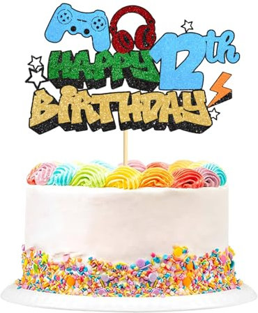 1 Pack Video Game Happy 12th Birthday Cake Topper, Glitter Video Game Cake Pick Game On Controllers, Cheers to 12 Years Cake Decoration for Boys Happy 12th Birthday Decorations Party Supplies (12)