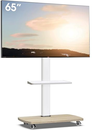 AOKCOS Mobile TV Stand on Wheels with Wooden Base and Shelf for 32-65 inch TVs, TV Floor Stand Height Adjustable Swivel Tlit, up to 40 kg max. VESA 400x400mm