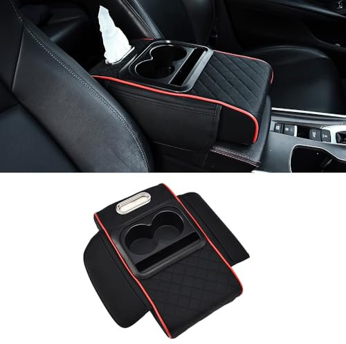 JSCARLIFE Auto Center Console Armrest Pillow, PU Leather Car Armrest Cushion Memory Foam Armrest Box with Cup Holder,Storage Box Universal Car Armrest Box Cover Protector for Most Cars (Black)