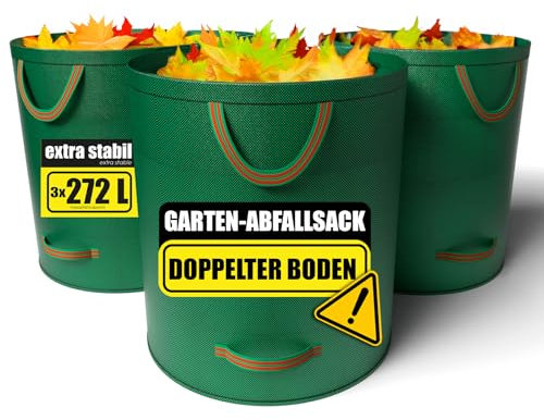 BigDean 3 Stück Gartenabfallsack 272L mit doppeltem Boden - Laubsack mit extra stabiler Powernaht – Gartensack faltbar für Gartenabfälle
